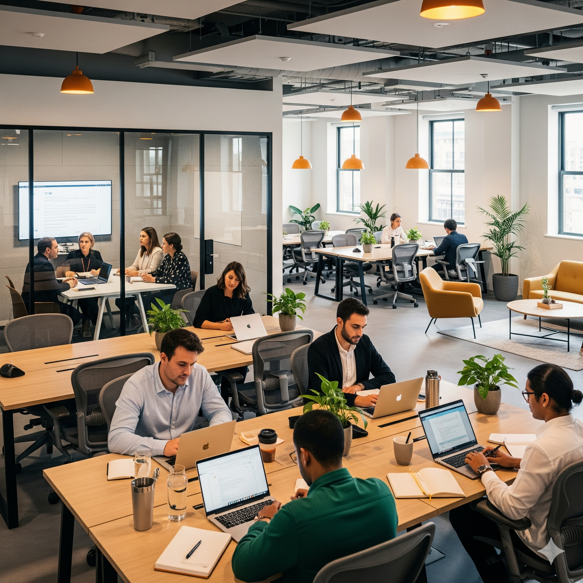 Illustration of an open-plan coworking space.