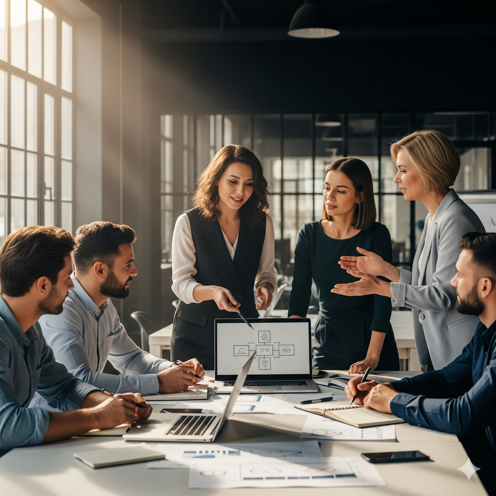 Illustration of a small business team working productively in a modern, professional office