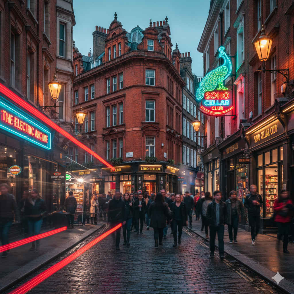 A vibrant, narrow street in Soho with its iconic blend of old architecture and modern neon signs.
