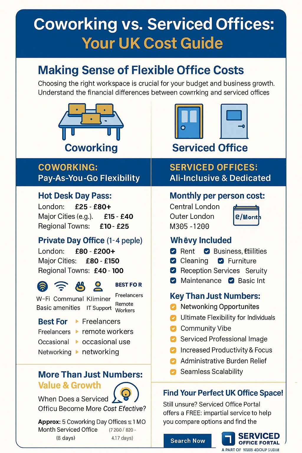 Infographic illustrating the cost comparison between coworking spaces and serviced offices